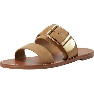 Marc Fisher Elegant Tan Suede Sandals with Gold Buckle Women’s size 8.5